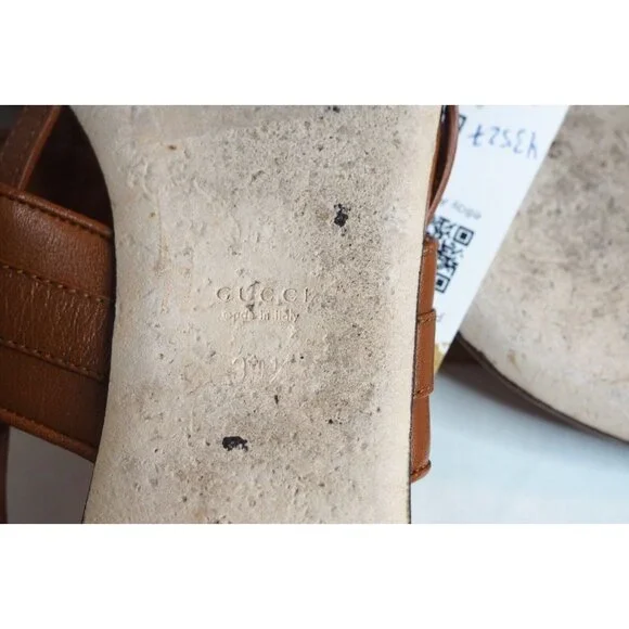 Gucci Brown Leather Thong GG Horsebit T Bar Sandals, Size 9.5 (US) 39.5 (EU)